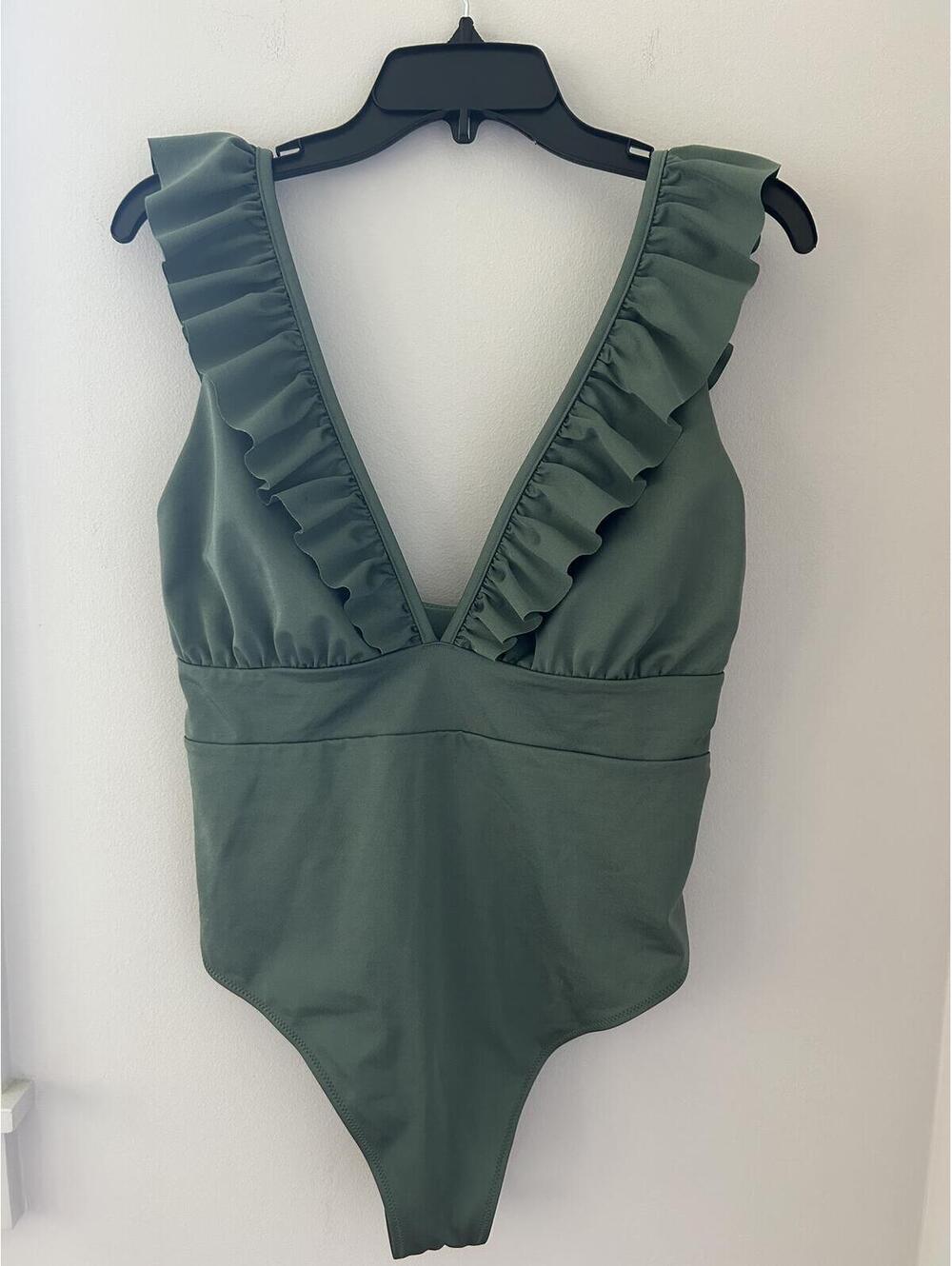 H&M Sage Green One Piece Swimsuit with Ruffle Straps Size Medium